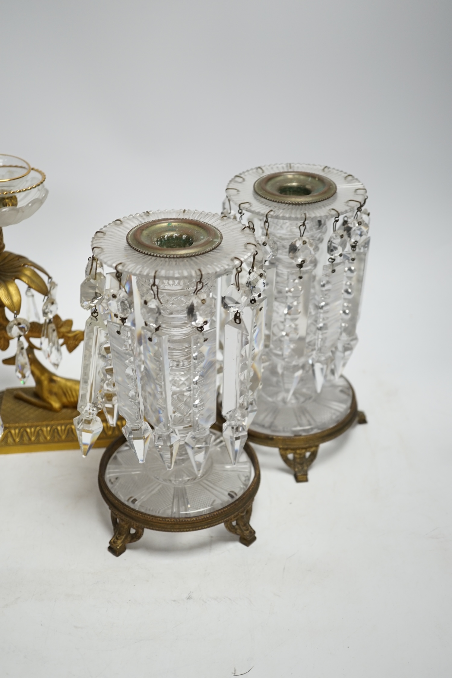 Two pairs of glass lustres, one with bronze greyhounds on rectangular bases, tallest 21cm